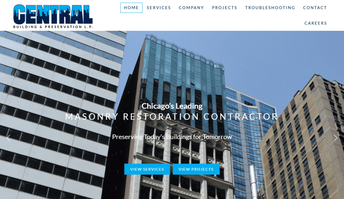 Screenshot of Central Building & Preservation Ltds website homepage, featuring skyscrapers, service links, project highlights, company information, and contact details in a clean, modern layout.
