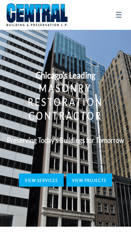 A website homepage for Central Building Restoration, featuring images of buildings, service descriptions, navigation links, and contact information on a blue and white layout.