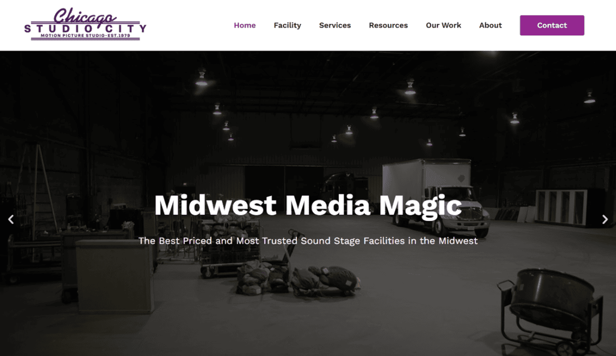Website homepage for Chicago Production Studios featuring a hero image, service offerings, location info, client testimonials, recent productions, production resources, and contact details on a black, white, and purple-themed layout.