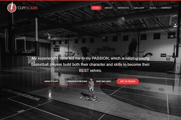 Black and white image of a basketball court with a young player standing at center court. Website header reads CLIFFSCALES. Navigation menu includes Home, About, Services, Gallery, and Blog.