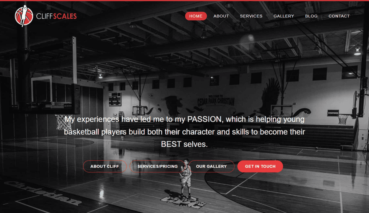 Basketball player shooting on an indoor court with spotlights. Text overlay shares passion for helping young players build character and skills. Below, a blog post with a basketball game image and navigation links.