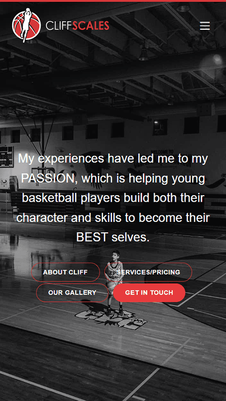 Mobile website screenshot for Cliff Scales, featuring a basketball court, motivational text about coaching, navigation buttons, and a blog section showing a basketball player in action.