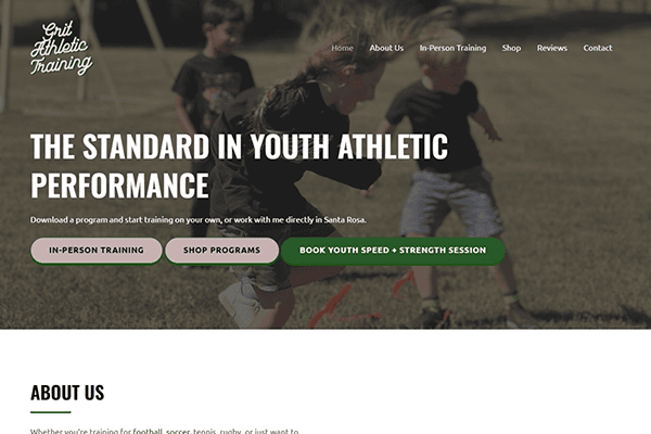 Three children run and play outside on a field. The website header reads The Standard in Youth Athletic Performance with buttons for in-person training, shop programs, and booking sessions.