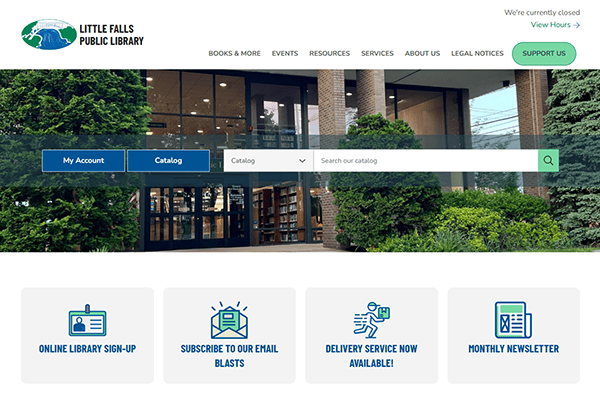 Screenshot of the Little Falls Public Library website homepage, showing the library entrance, search bar, navigation menu, and icons for online sign-up, email blasts, delivery service, and newsletter.