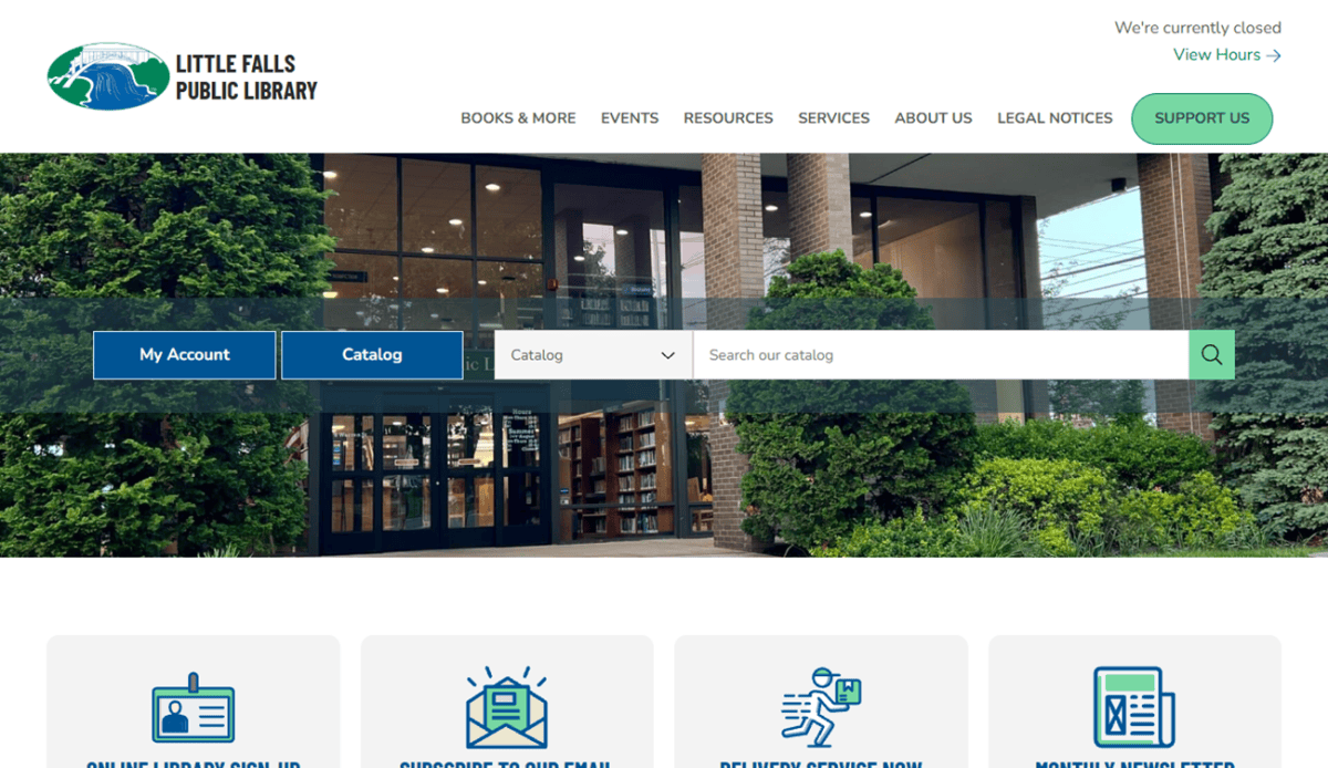 Little Falls Public Library homepage featuring navigation menus, sign-up buttons, event listings, and a Back to School Libby app promo. Footer displays hours, contact info, and website links.