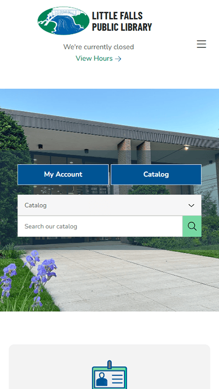 Little Falls Public Library website homepage showing library building, search bar, sign-up buttons, events, contact info, hours, and social media icons.