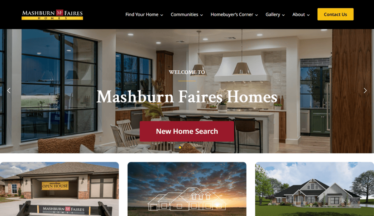 Screenshot of the Mashburn Faires Homes website, showing a navigation bar, home search map, images of modern homes, buttons for available homes and floor plans, and a bio about the companys services.