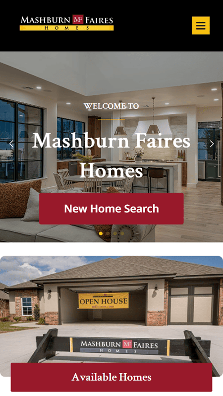 Screenshot of a real estate website featuring property search bars, home photos, interactive map, a home listing, and contact info for a realty group in Wimberley, Texas. The page uses gold, maroon, and black accents.