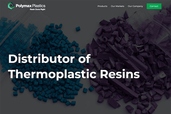 Close-up of blue and purple thermoplastic resin pellets with the text Distributor of Thermoplastic Resins overlaid. Polymax Plastics logo is at the top left, with website menu items at the top right.