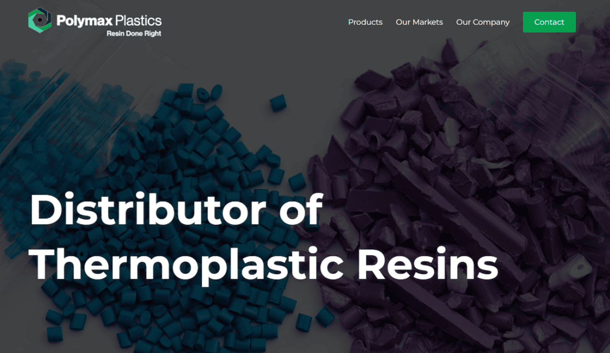 A website homepage for Polymax Plastics, featuring thermoplastic resin images, business info, a green-black theme, and contact details. Sections highlight PET, other resins, and a Contact Us prompt.