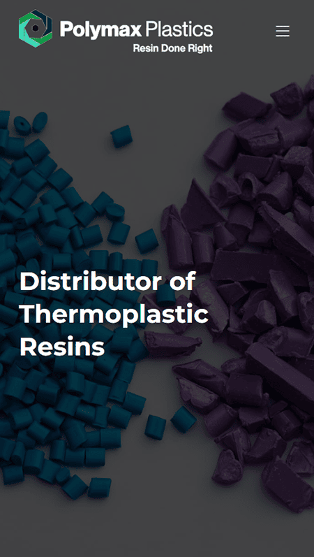 Screenshot of Polymax Plastics website showing their logo, navigation menu, and sections about thermoplastic distribution, resin types, a photo of plastic pellets, and contact information for their Berlin location.
