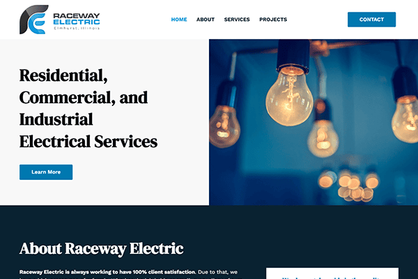 Raceway Electric website homepage showing services, a hanging lightbulb image, navigation menu, and Contact button. Text promotes residential, commercial, and industrial electrical services.
