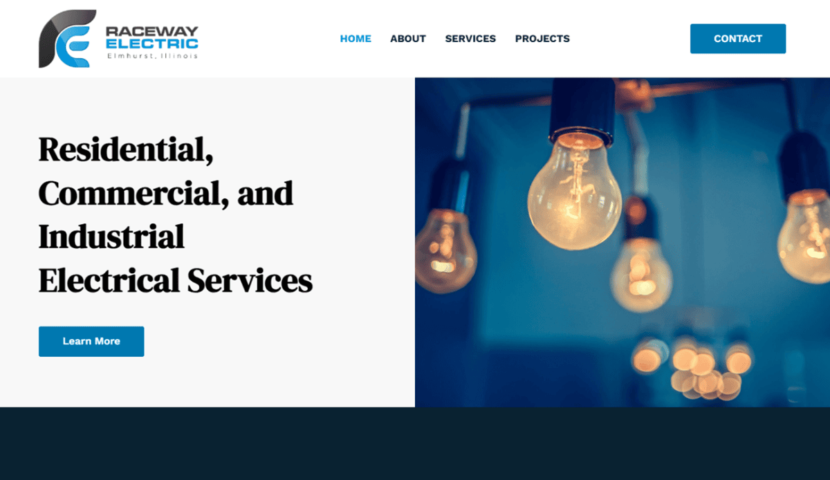 Screenshot of Raceway Electrics website showing sections for services, recent projects, and contact info. The site features blue accents, a navigation bar, service details, and a featured image of electricians working.