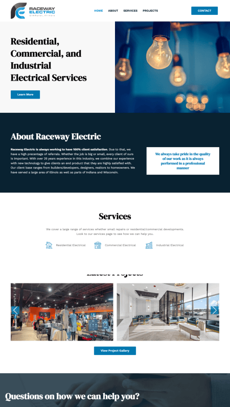 Screenshot of Raceway Electrics website showing sections for services, recent projects, and contact info. The site features blue accents, a navigation bar, service details, and a featured image of electricians working.