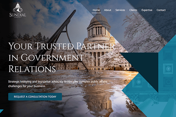 Sundial website homepage showing a government building, a sundial sculpture, and text offering government relations consulting with a Request a Consultation Today button.