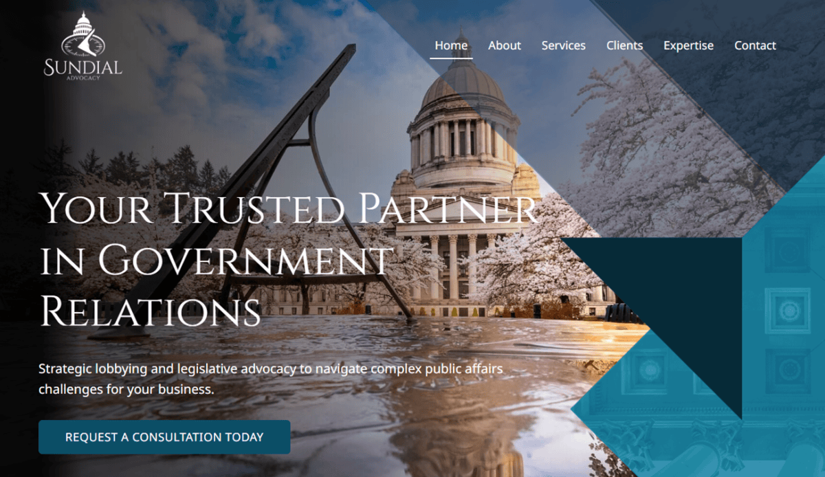 A professional website for Sundial Consulting features government buildings, a man in a suit, consulting details, client logos, and a contact form, all presented in a clean blue and white layout.