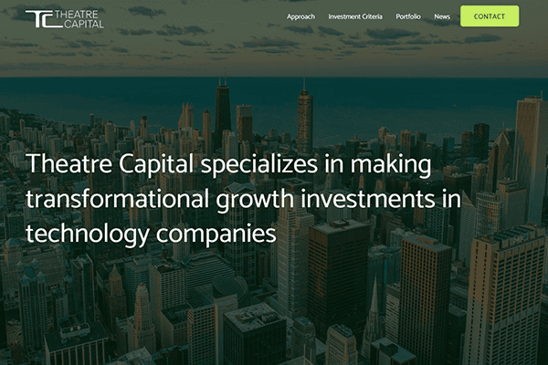 Aerial view of a city skyline at sunset with the text Theatre Capital specializes in making transformational growth investments in technology companies overlaid. Main menu and contact button are at the top.