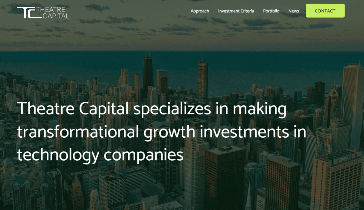 Screenshot of Theatre Capitals website homepage, featuring company overview, sector focus areas, sample portfolio logos, recent news, and contact details. The design is clean with green and white colors and images of plants and cityscapes.