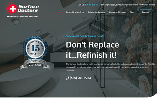 Surface Doctors website homepage with a blue banner celebrating 15 years, text reading Dont Replace it...Refinish it!, and contact information. A bathtub is in the background under the section for professional refinishing and repair.