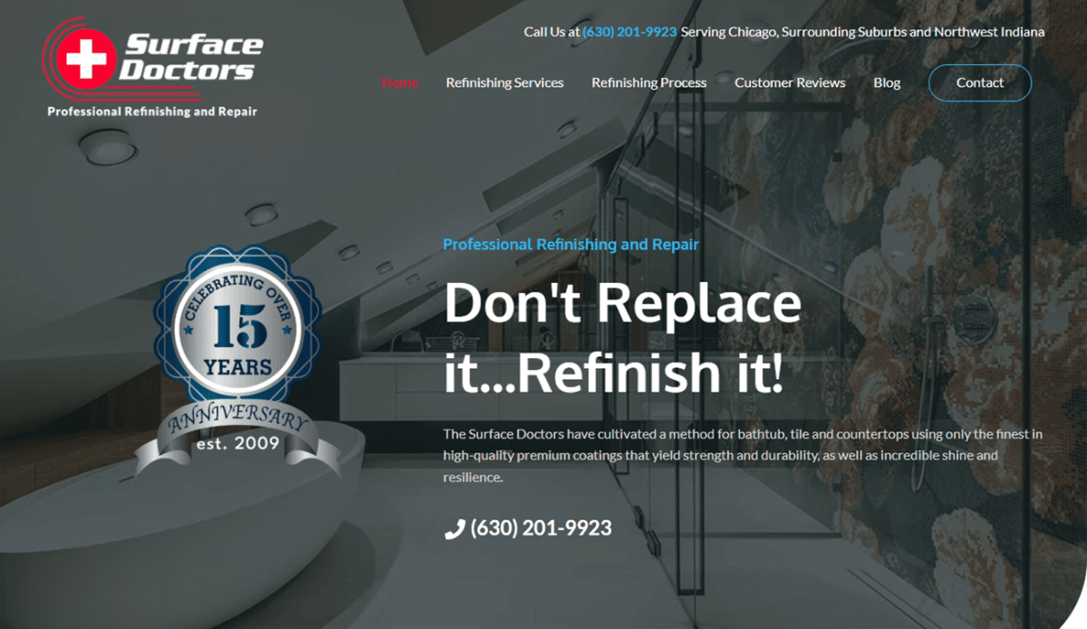 Website homepage for Surface Link, featuring surface repair services, a header with a kitchen image, service details, customer reviews, news mentions, and contact information, all in a clean, professional layout with red and blue accents.