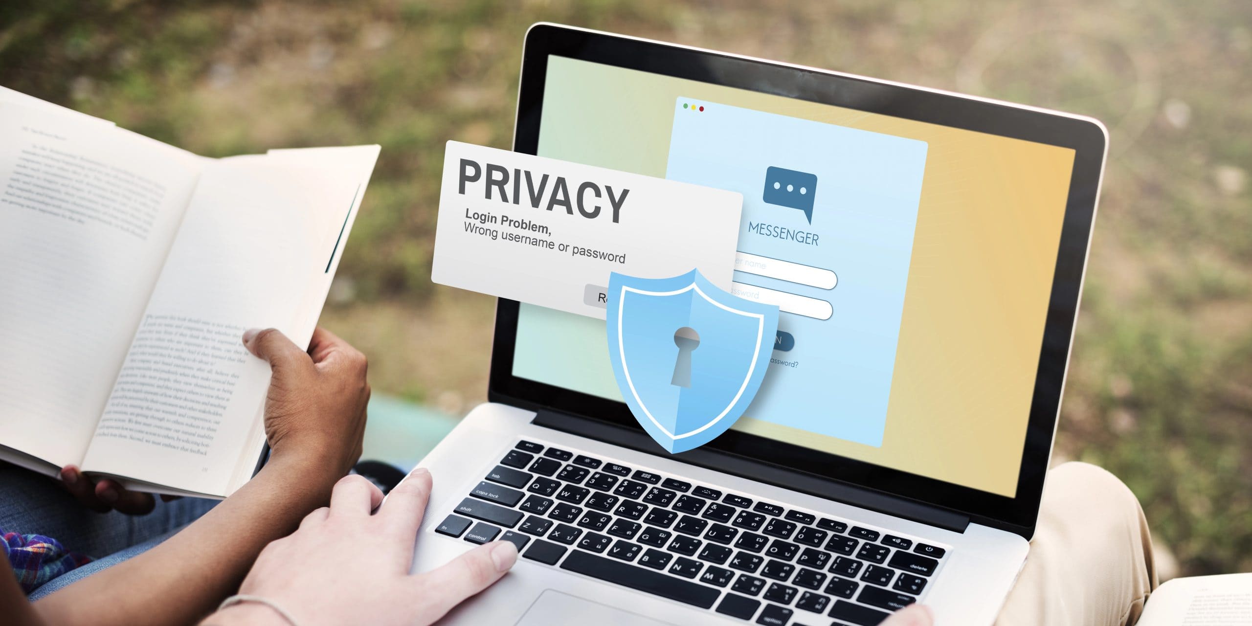 Two people sit side by side; one reads a book, while the other uses a laptop displaying a login screen. An overlay shows PRIVACY, a shield icon, and the word SECURITY, highlighting both security and ethics concerns in today’s digital age.
