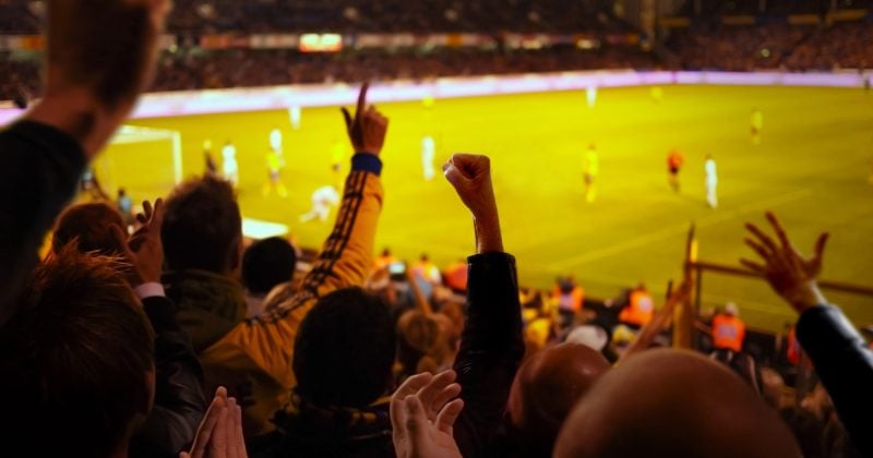Fans cheer in a crowded stadium, raising their arms in excitement as a soccer match unfolds on a brightly lit field in the background, capturing an atmosphere so electrifying it feels like the perfect answer to any AI-generated depiction of sports fandom.