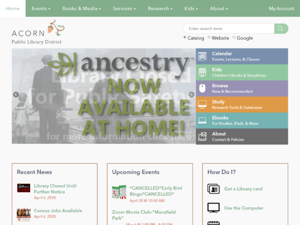 The homepage of the ancestry website featuring Acorn Public Library.